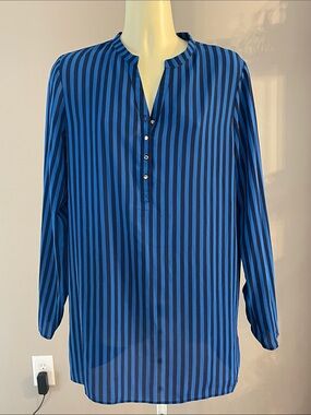 Charming Charlie Striped Blue and Black Long-Sleeve Women's Blouse  EUC